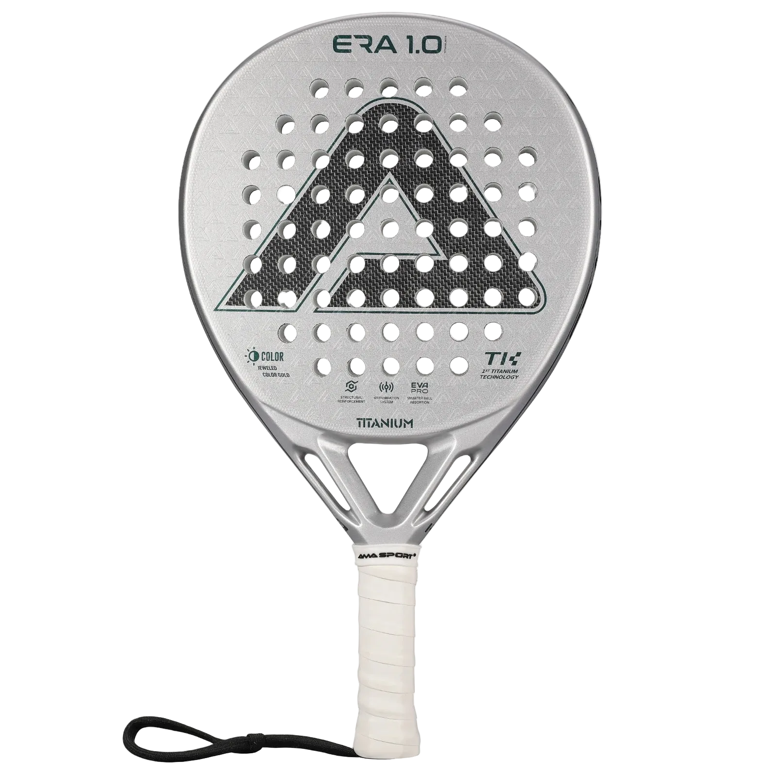 Pala de pádel AMA SPORT 1St Titanium Silver Surface con agujeros de precisión y rebote inteligente de corcho de alto rendimiento.
