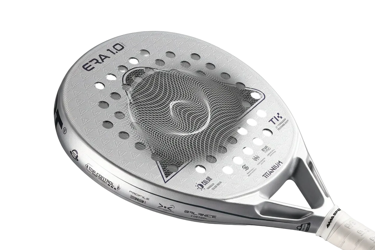Pala de pádel AMA SPORT 1St Titanium Silver Surface con agujeros de precisión y rebote inteligente de corcho de alto rendimiento.