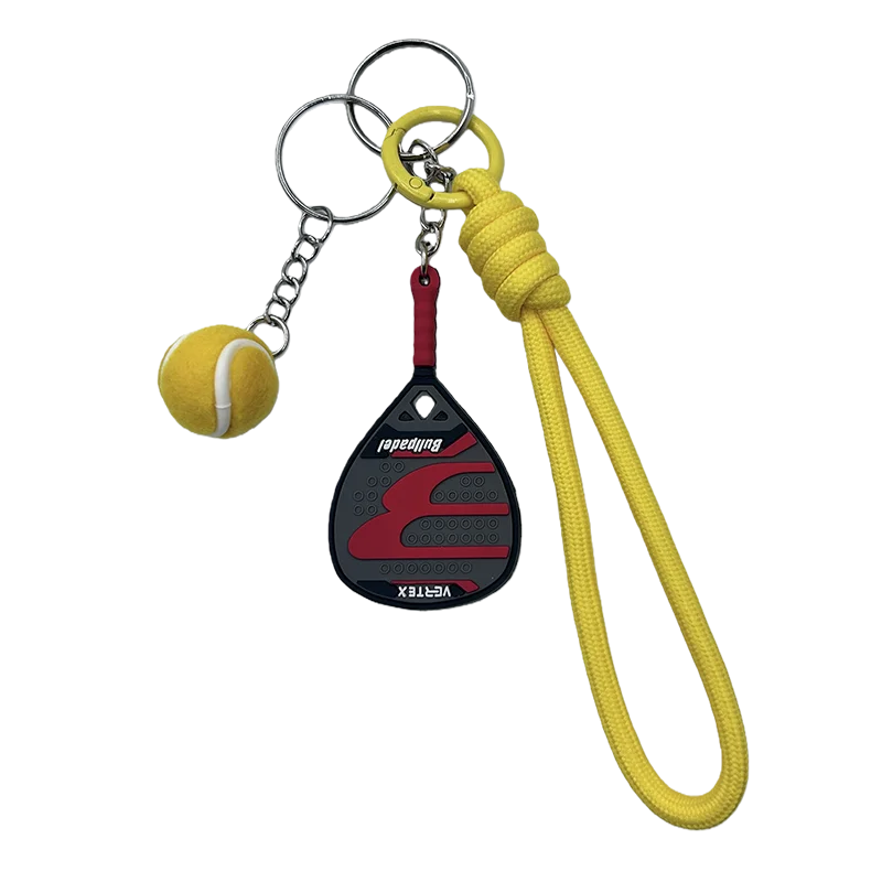 Llavero Vertex con forma de mini raqueta de tenis, con asa para transportar, ideal para deportistas y como accesorio decorativo.