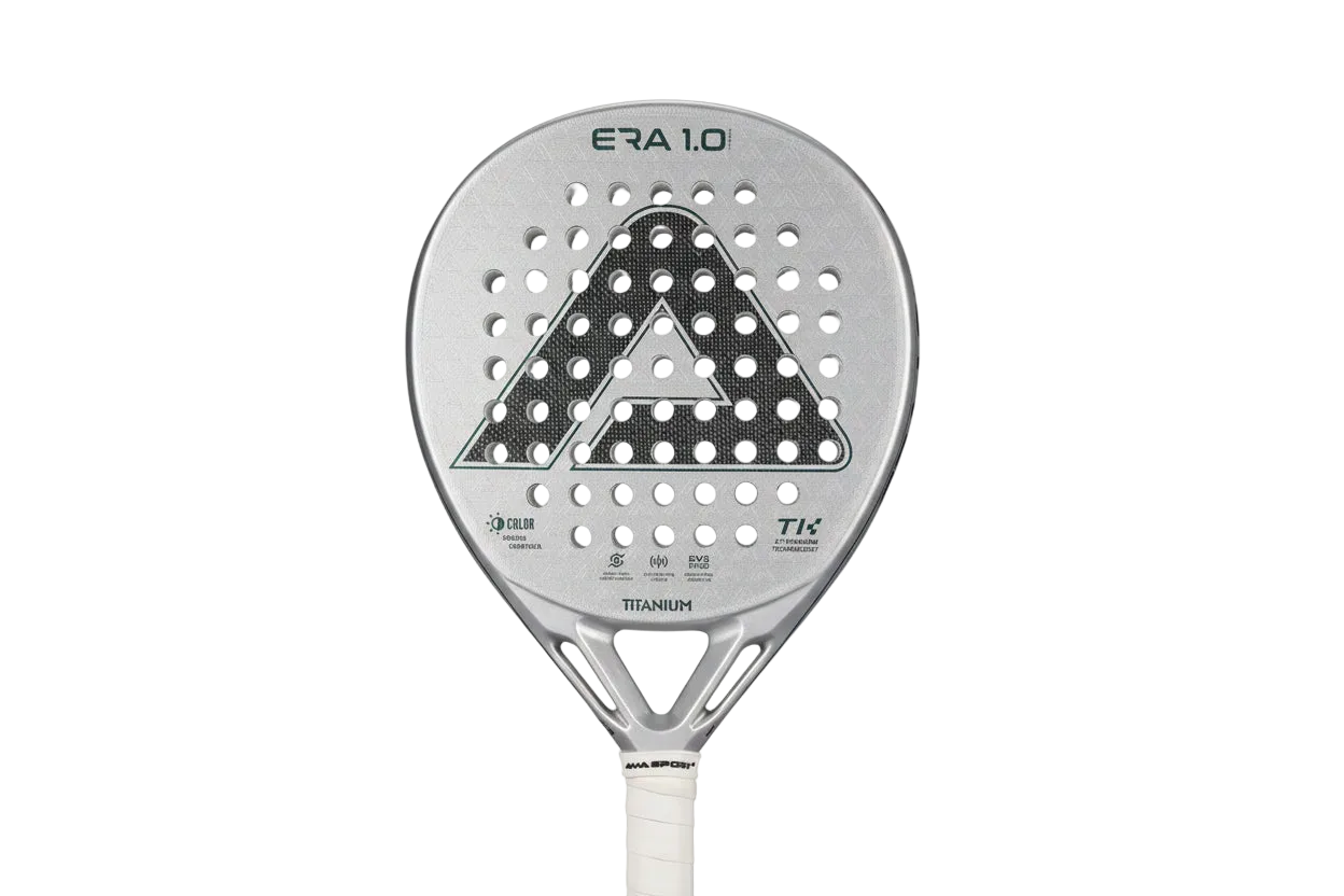 Pala de pádel AMA SPORT 1St Titanium Silver Surface con agujeros de precisión y rebote inteligente de corcho de alto rendimiento.